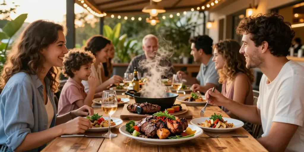 Delicious rokok88 grilled meats served in a vibrant outdoor dining setting.
