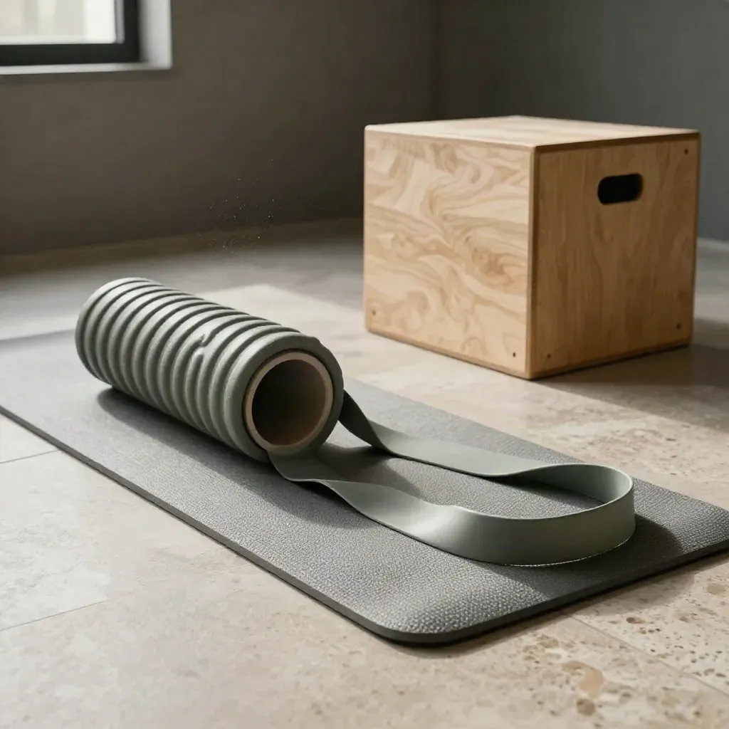 Rincón de rehabilitación en casa con bandas, foam roller, cajón bajo y colchoneta en movimiento.
