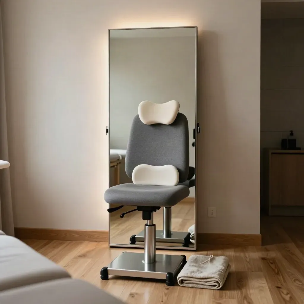 Estación de análisis postural con espejo, silla ergonómica y soporte lumbar en clínica.