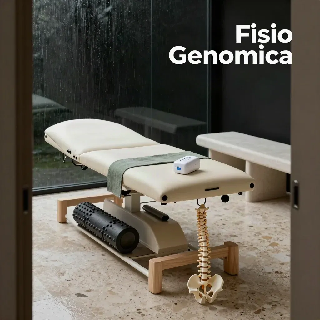 Sala premium de fisioterapia con kit salival, camilla y material de rehabilitación en penumbra húmeda.