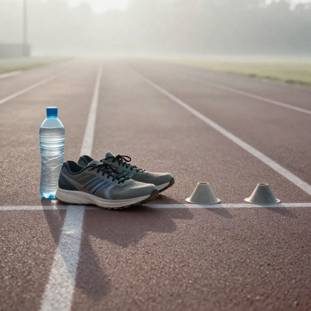 Pista de atletismo vacía al amanecer con zapatillas, conos y botella, vista rasante con niebla.