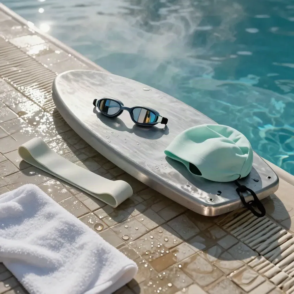 Banco de piscina con tabla, gafas, gorro menta, pull buoy y banda junto al agua.