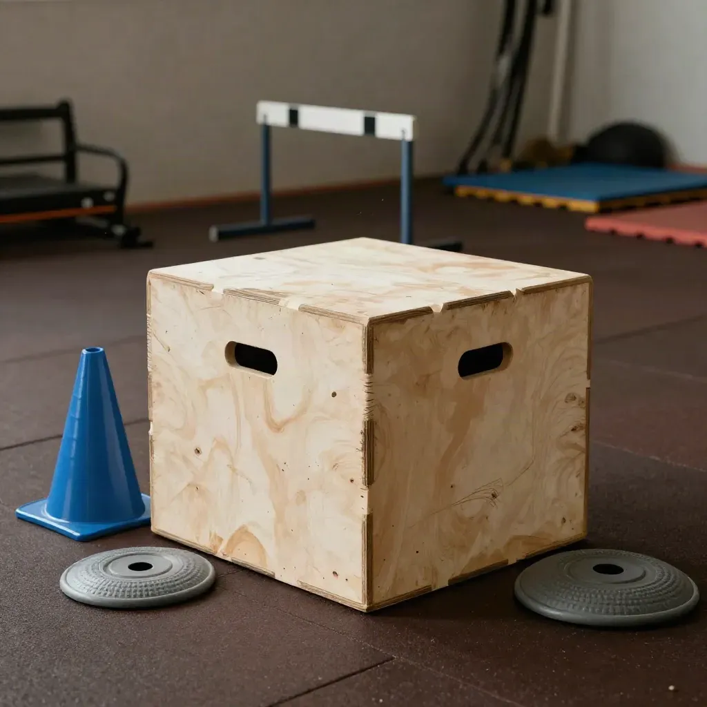 Kit de readaptación con cajón pliométrico, valla mini, cono y disco en luz dramática.