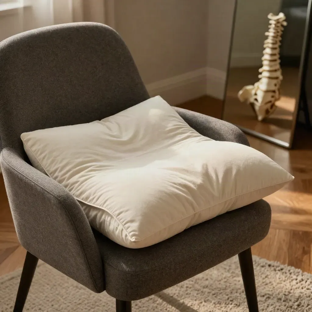 Rincón doméstico de descanso con almohada cervical, silla de lectura y modelo de columna.