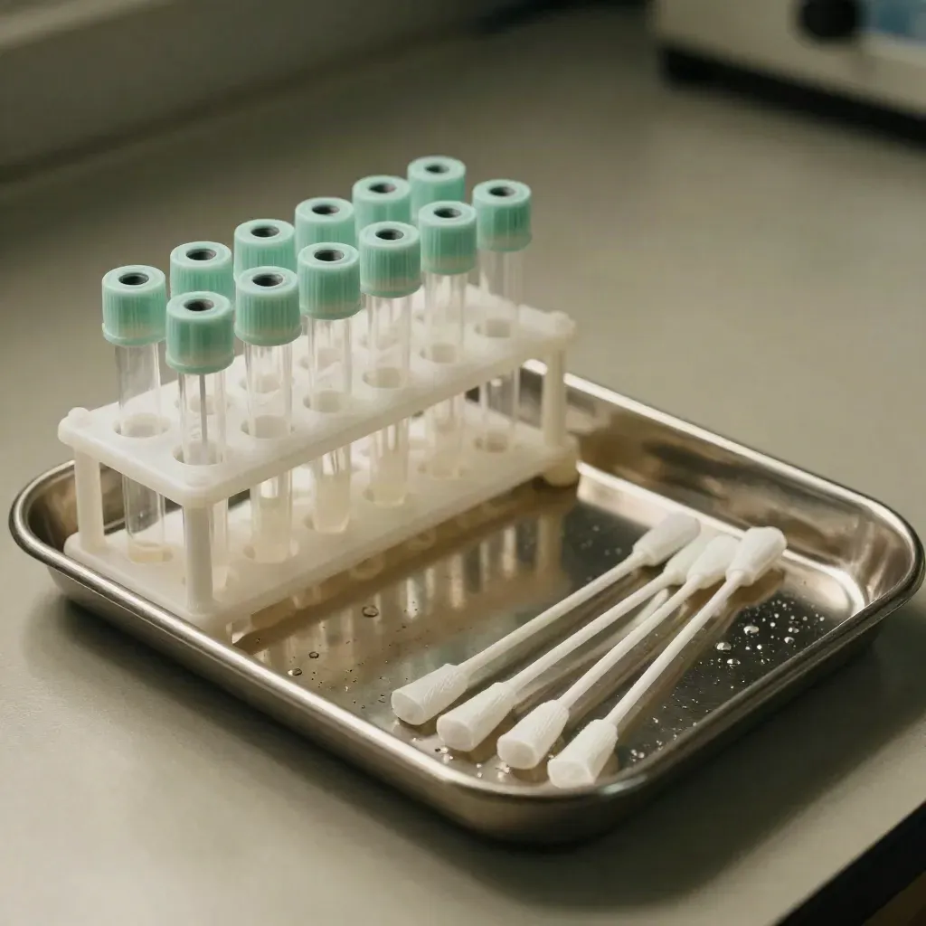 Rack de tubos, bastoncillos estériles y bandeja metálica sobre mesa de laboratorio impecable.