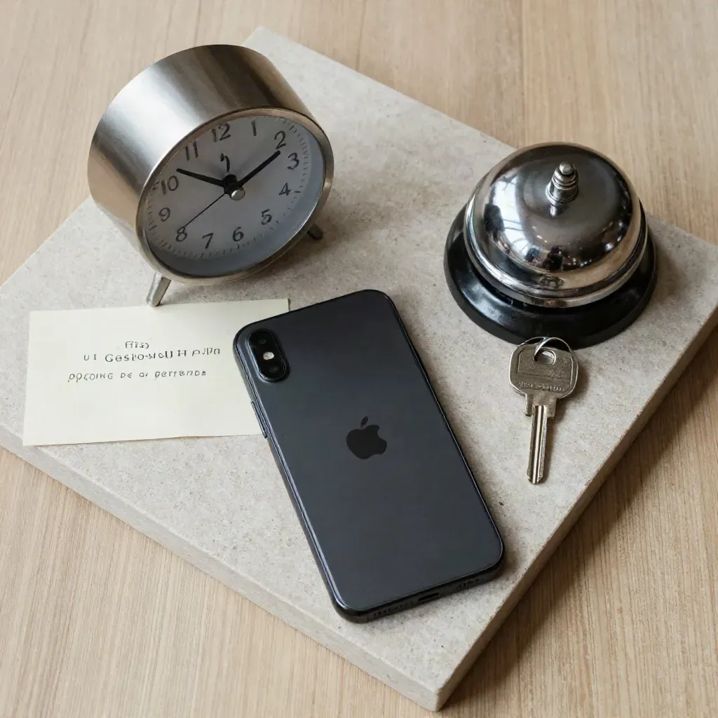Bandeja de piedra con móvil, reloj, timbre y llave sobre madera clara, vista cenital