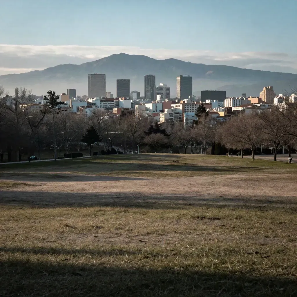 Vista de Chamartín y Alcobendas con la sierra al fondo y niebla suave.