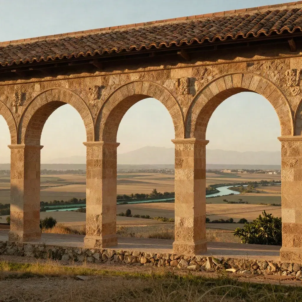 Arcadas de Alcalá de Henares al atardecer sobre la llanura del Henares, con luz dorada y bruma.