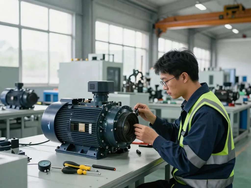 Ingeniero revisando motores eléctricos en Venezuela en planta industrial moderna.