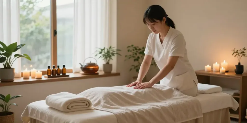 Relaxing 마포출장안마 spa setting with warm light and calming decor.