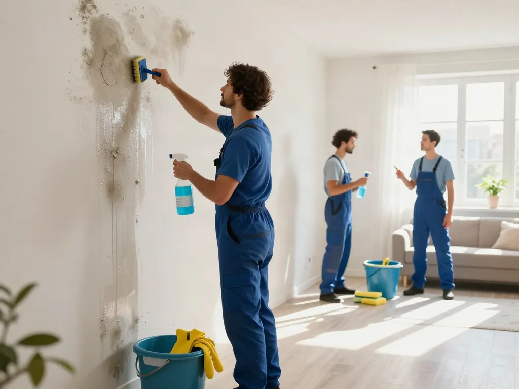 limpieza y desinfección de moho en Barcelona, equipo profesional eliminando moho de una pared en un apartamento luminoso.