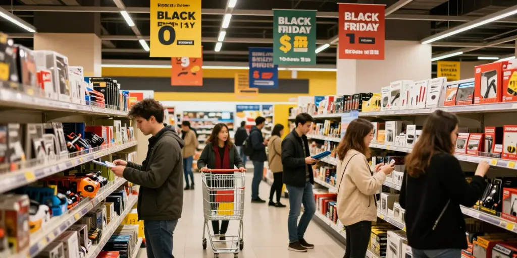 Descuentos del Black Friday Koken en una tienda de herramientas con clientes felices.